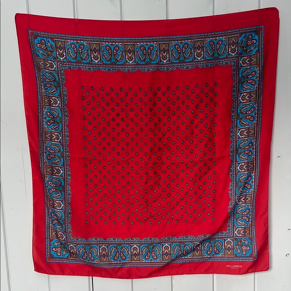 Vintage TED LAPIDUS PARIS Scarf PAISLEY ART RED BLUE 30" SQUARE